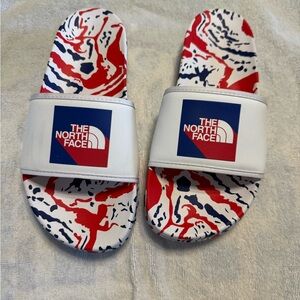 The North Face White Slides with Red & Blue Marble Footbed
